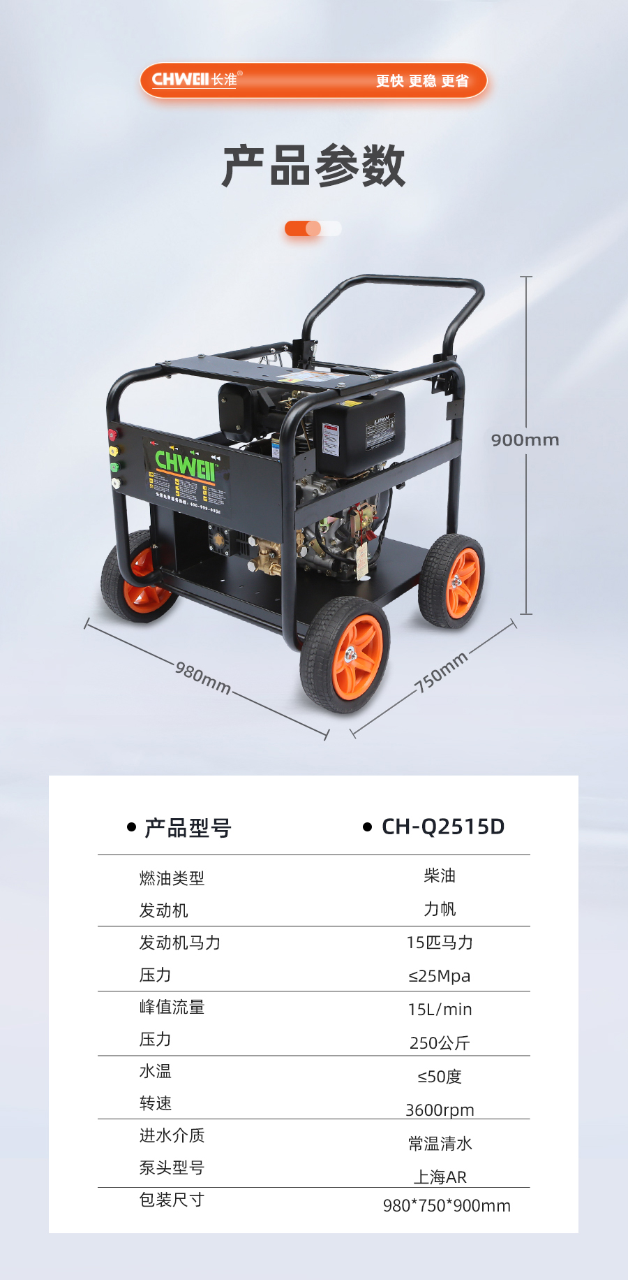 長淮CH-Q2515D單缸柴油高壓清洗機產品參數(shù)